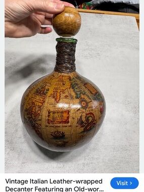 1960’s Vintage Italian Leather Wrapped Old World Map Decanter Bottle Mid Century
